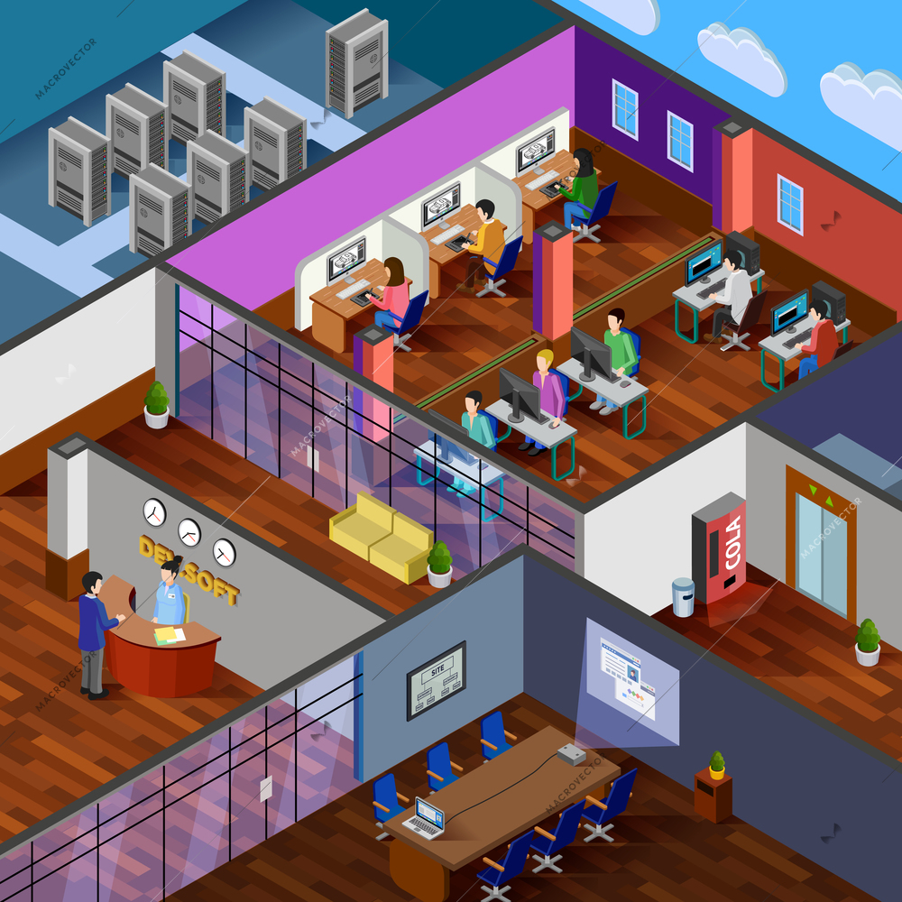 Development office isometric design concept with reception server room conference hall and working place for software developers flat vector illustration