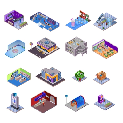 Shopping mall objects set with different departments and related elements on white background isolated isometric vector illustration