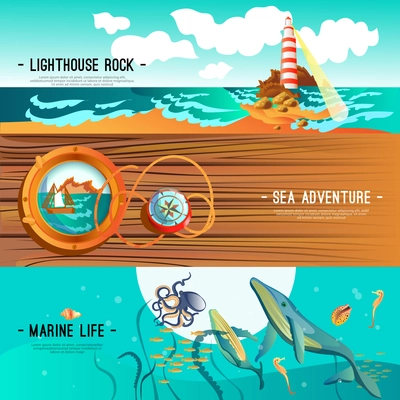 Horizontal sea nautical banners presenting landscape of lighthouse rock sea adventure and marine life flat vector illustration