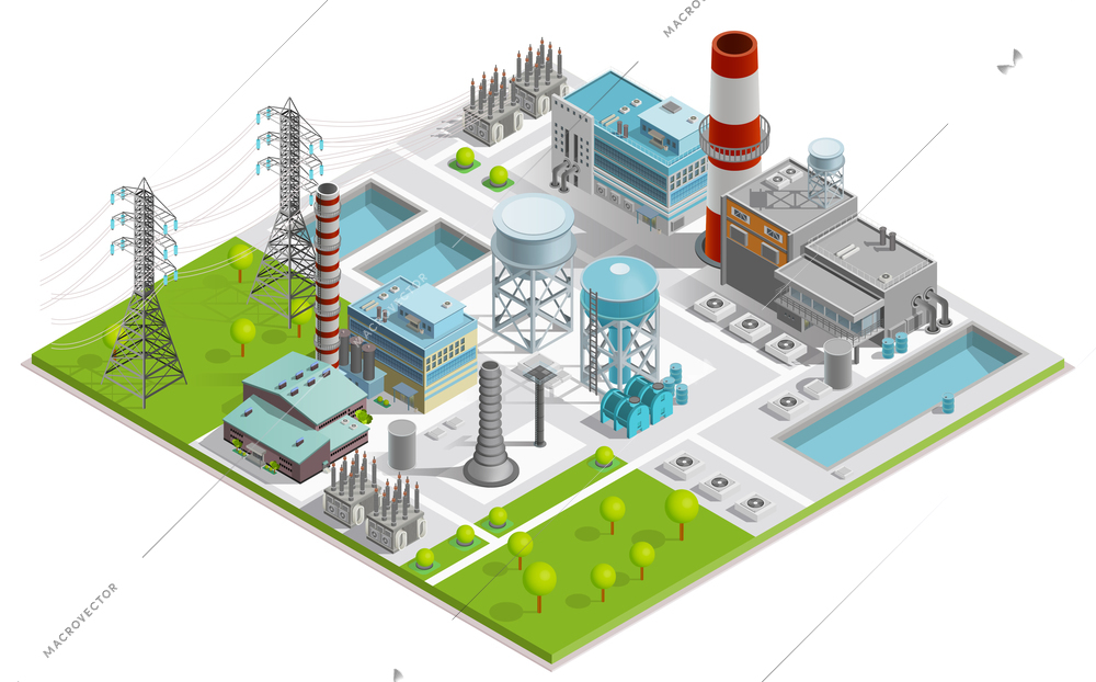 Vector illustration of boiler factory for production of thermal and electrical energy with power line supports isometric concept