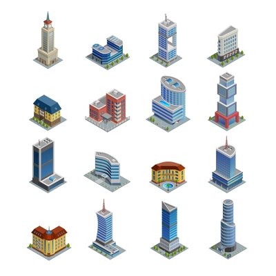 Modern multi-storeyed european city buildings of different and unusual shape on white background isometric icons set isolated vector illustration