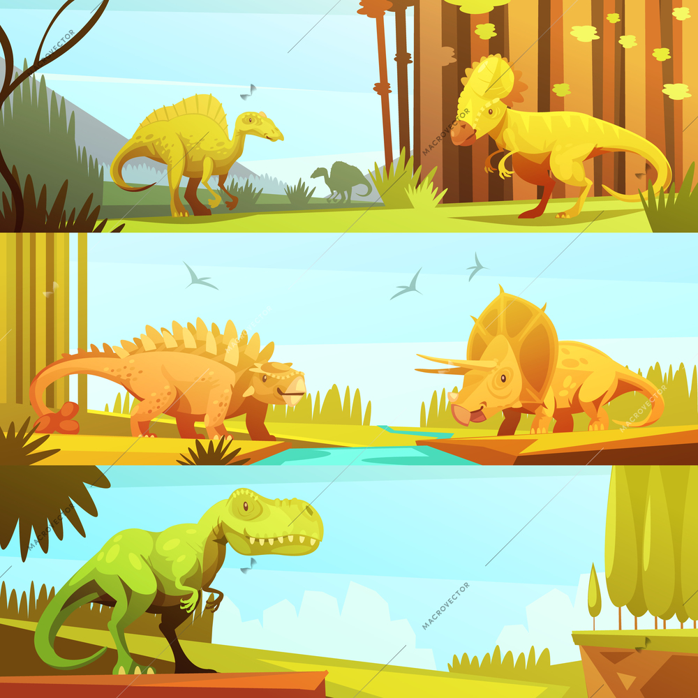 Dinosaurs in prehistoric environment 3 horizontal banners set in retro cartoon style abstract isolated vector illustration