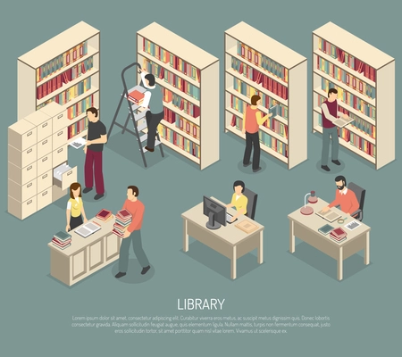 Scientific library published materials shelves with ladder and online documents and catalogs access computers isometric abstract illustration