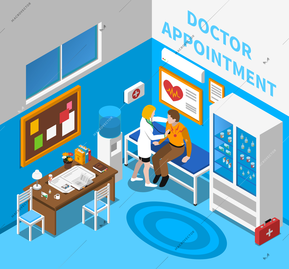 Doctor appointment with cardiologist examining male patient in consulting room with heart symbol poster isometric vector illustration