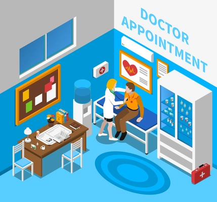 Doctor appointment with cardiologist examining male patient in consulting room with heart symbol poster isometric vector illustration