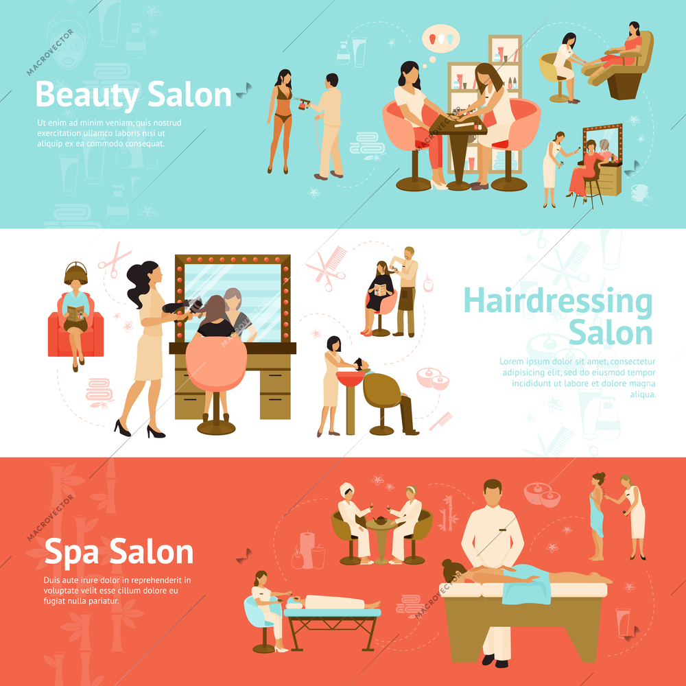 Three horizontal banners with customers receiving services in beauty hairdressing and spa salons flat vector illustration