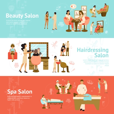 Three horizontal banners with customers receiving services in beauty hairdressing and spa salons flat vector illustration