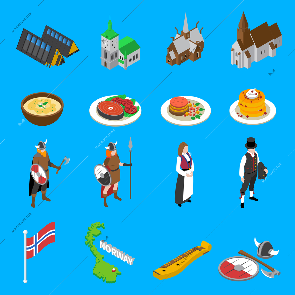 Norway tourists attractions with national flag cultural symbols and food isometric icons set abstract vector isolated illustration