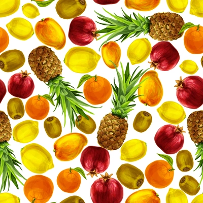 Seamless natural tropical ripe fruits pattern with orange lemon kiwi pineapple pomegranate vector illustration