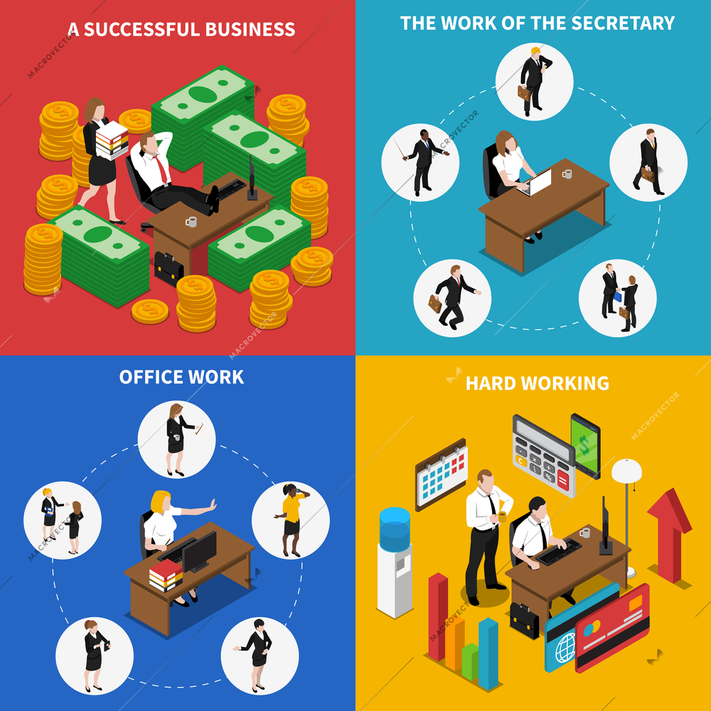 Business office work concept 4 isometric icons square poster with businessman manager secretary abstract isolated vector illustration