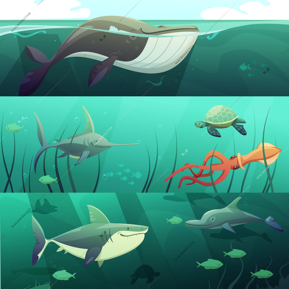 Underwater marine life retro cartoon horizontal banners set with giant shark fish dolphin turtles isolated vector illustration