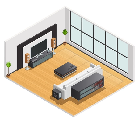 Living room or hotel lounge with large tv screen speakers and white couch isometric view vector illustration