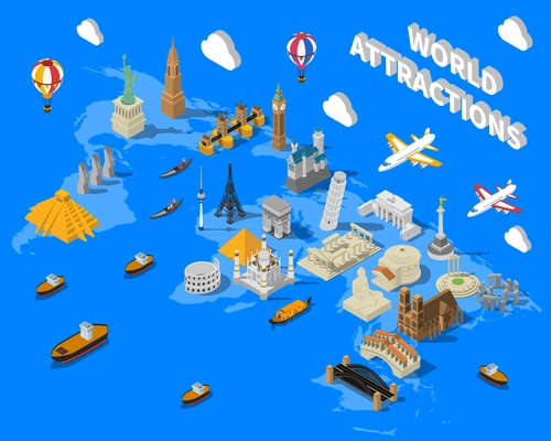 World famous touristic attractions isometric map poster with leaning pisa tower and empire state building vector illustration