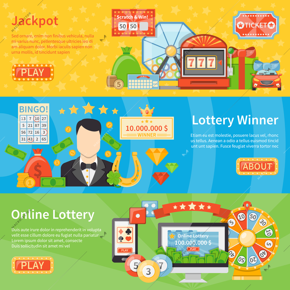 Lottery and jackpot flat horizontal banners with horseshoe scratch card lottery machine money bag decorative icons vector illustration