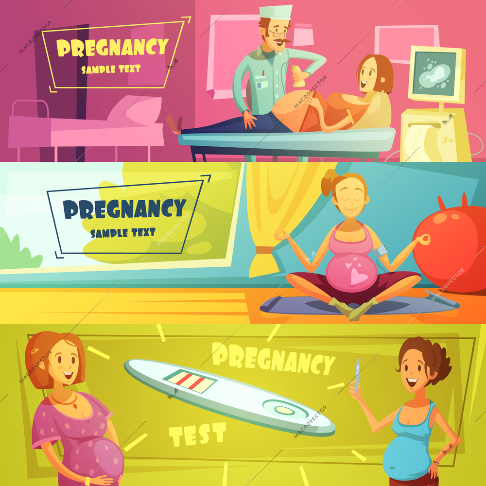 Pregnancy strop test ultrasound scan and exercises 3 horizontal banners set with text sample abstract isolated vector illustration