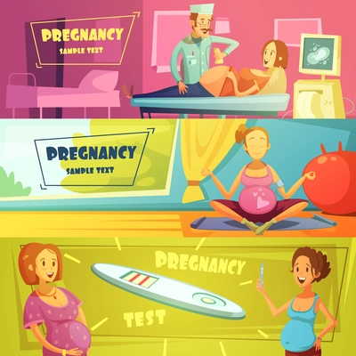 Pregnancy strop test ultrasound scan and exercises 3 horizontal banners set with text sample abstract isolated vector illustration