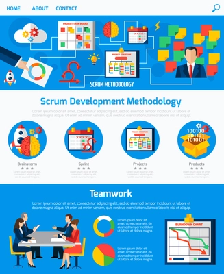 Scrum agile development methodology website one page design with process flowchart and teamwork concept abstract vector illustration