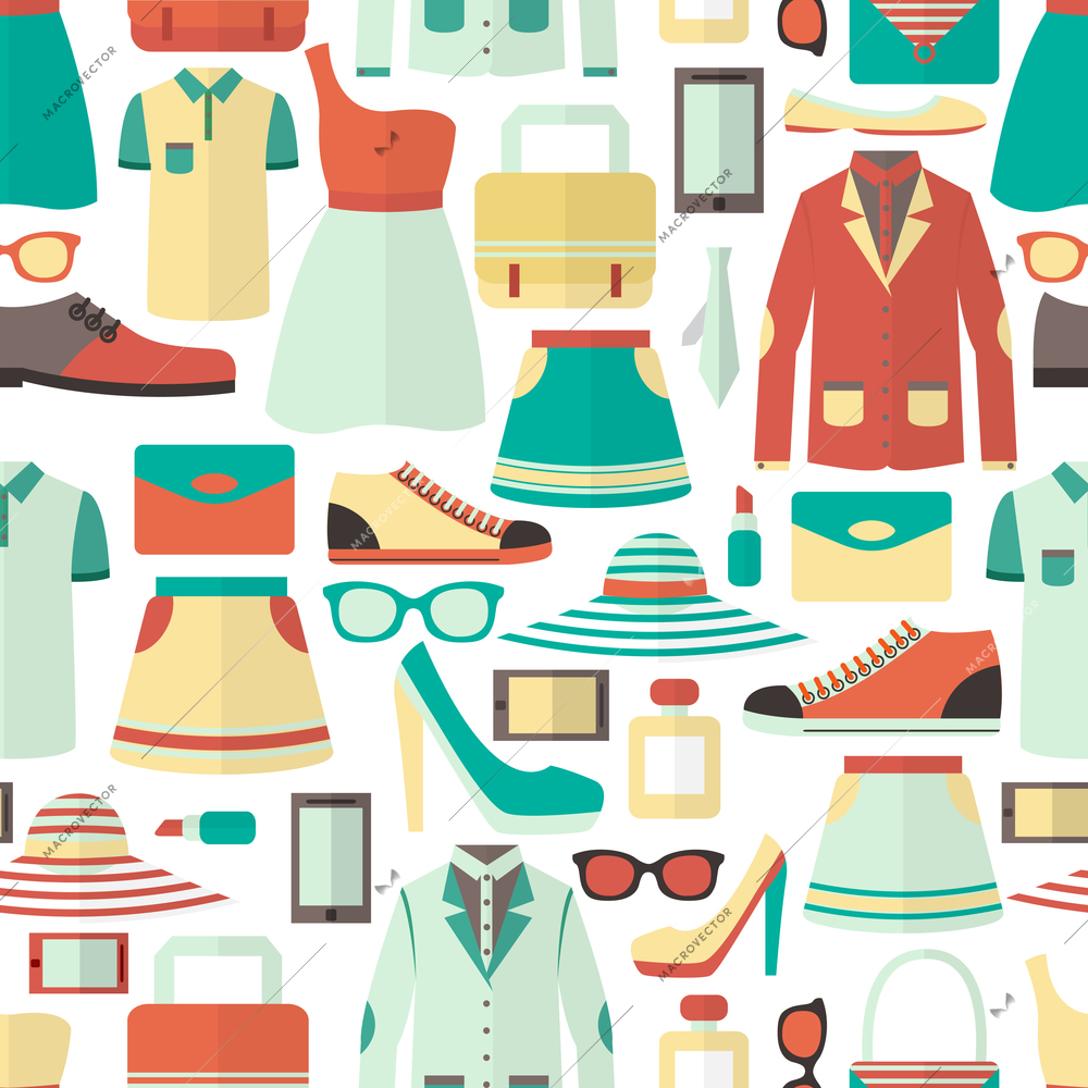 Male and female clothes footwear cosmetics and gadgets shopping seamless pattern vector illustration