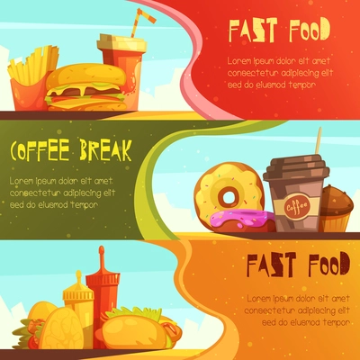 Fast food restaurant advertisement horizontal banners set with coffee break meal offer isolated retro cartoon vector illustration