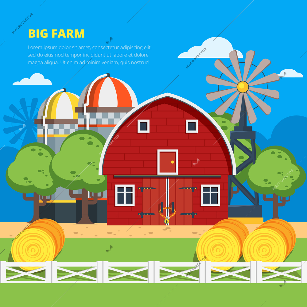 Big farm flat colorful composition with wooden village house haystacks elevator wind turbine vector illustration