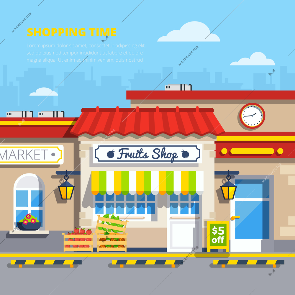 Street shops retro design concept with fruits shop in center and boxes of apples and strawberries on sidewalk flat vector illustration