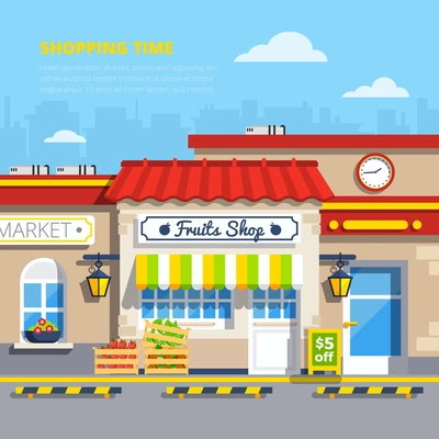 Street shops retro design concept with fruits shop in center and boxes of apples and strawberries on sidewalk flat vector illustration