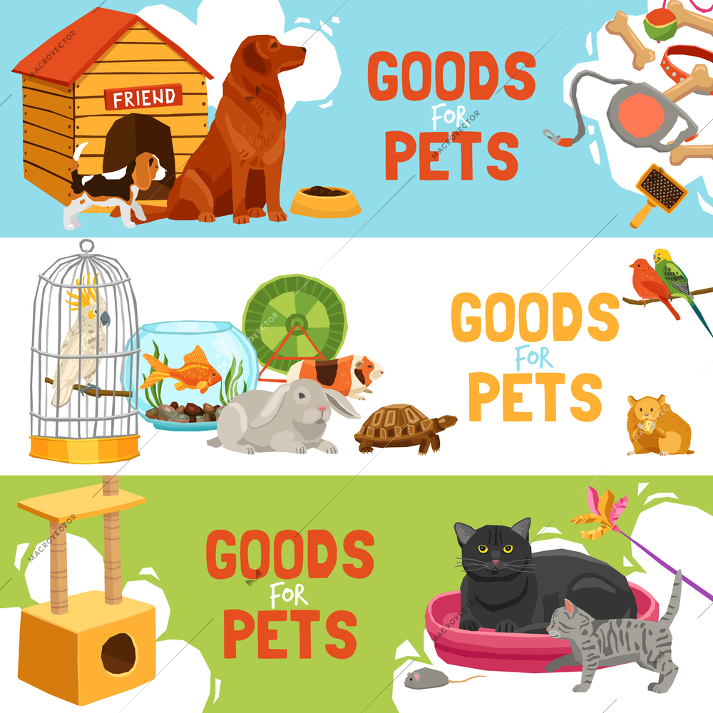 Home pets three horizontal banners with parrot in cage turtle rabbit dog and cat icons and description goods for pets vector illustration