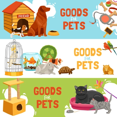 Home pets three horizontal banners with parrot in cage turtle rabbit dog and cat icons and description goods for pets vector illustration