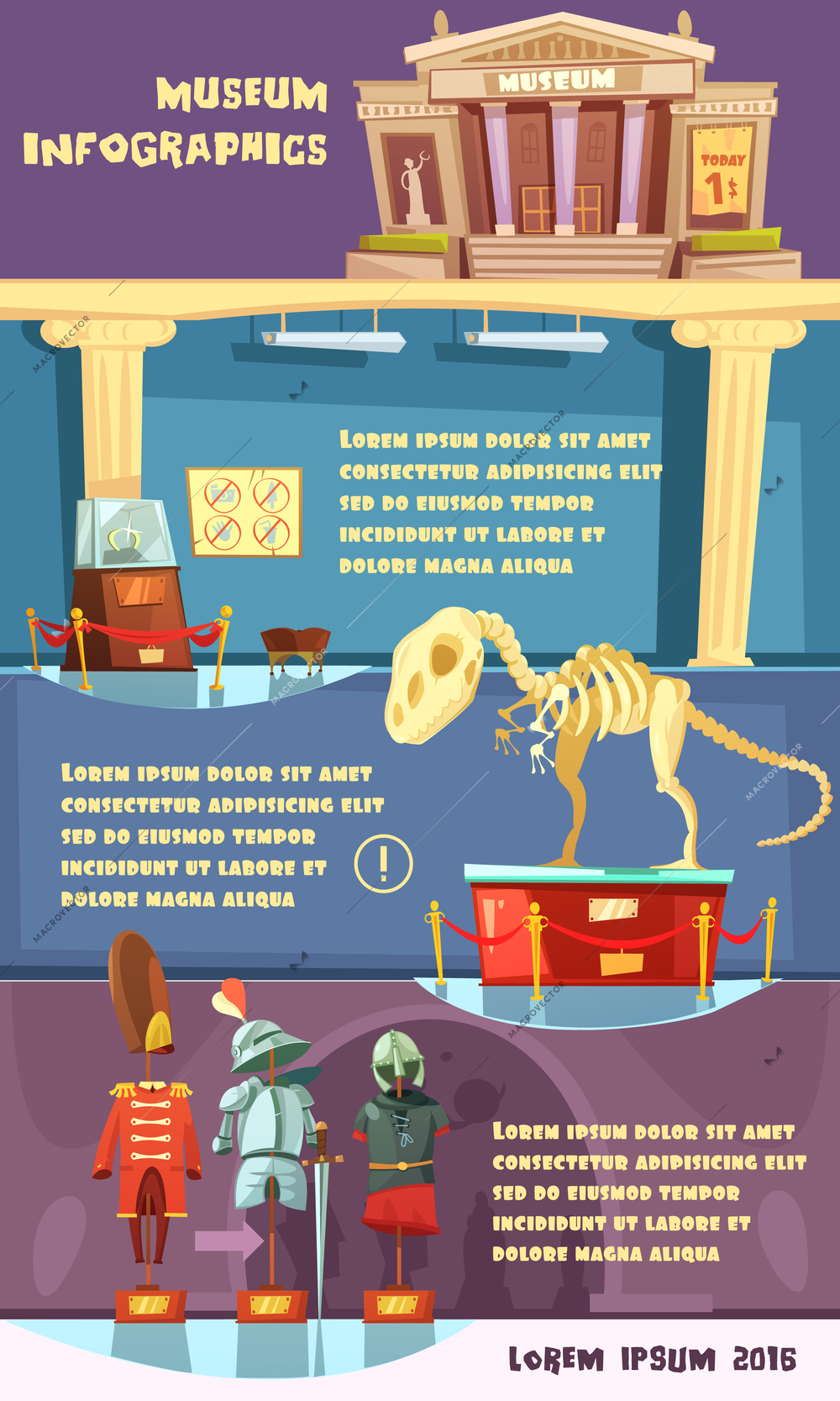 Color cartoon infographic with title description room and exhibits of museum vector illustration