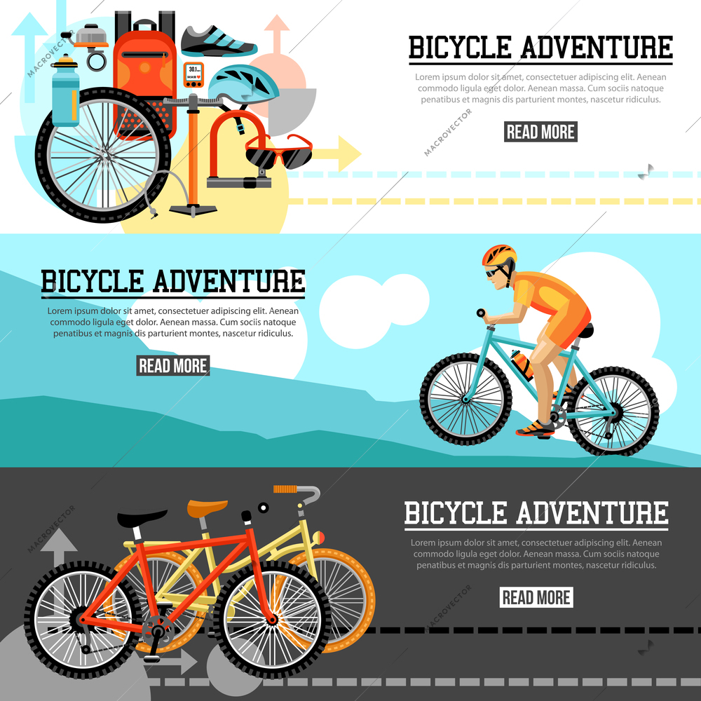 Biking adventure horizontal banners with bicycle set velocipede accessories and  traveling biker at mountain landscape compositions vector illustration