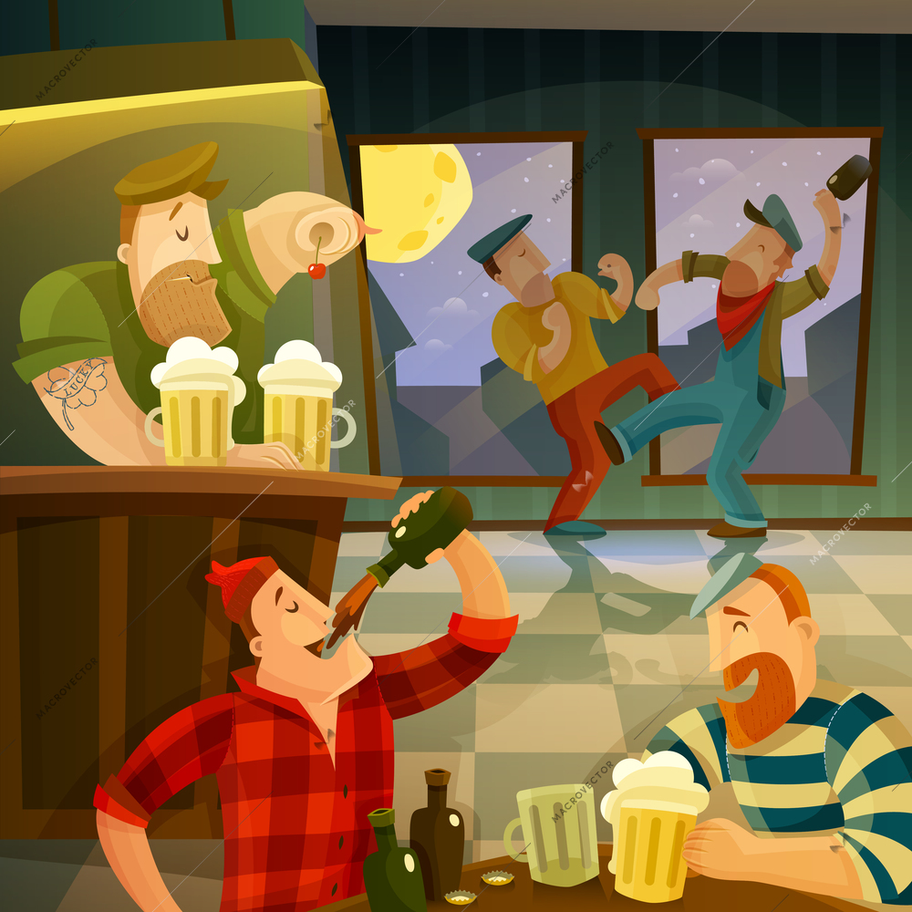 Irish pub interior with drinking and dancing people cartoon vector illustration