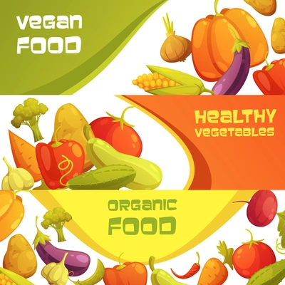 Healthy organic vegan food advertisement horizontal banners set with ripe farmers market vegetables isolated cartoon vector illustration