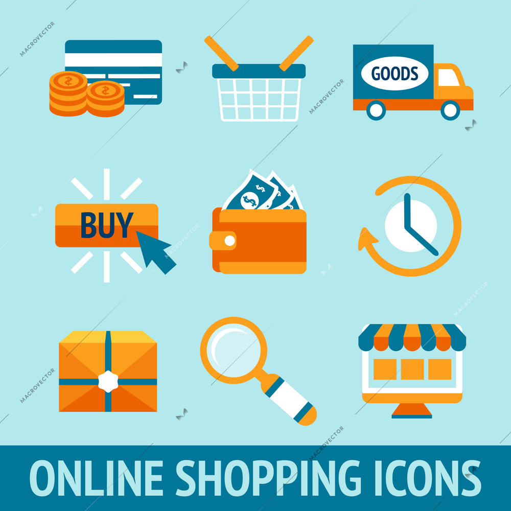 Colored pixel icons set for online shopping of wallet delivery truck credit card cash vector illustration