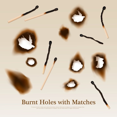 Paper with set of burnt holes and matches abstract vintage background in realistic style vector illustration