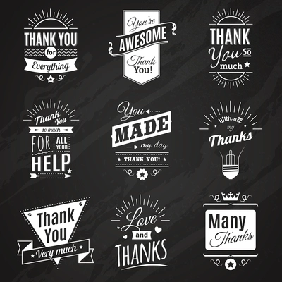 Chalkboard collection of nine vintage thank you signs making in different fashioned font style vector illustration