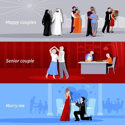 Horizontal happy couples people of different age and nationalities indoor and outdoor flat isolated banners vector illustration