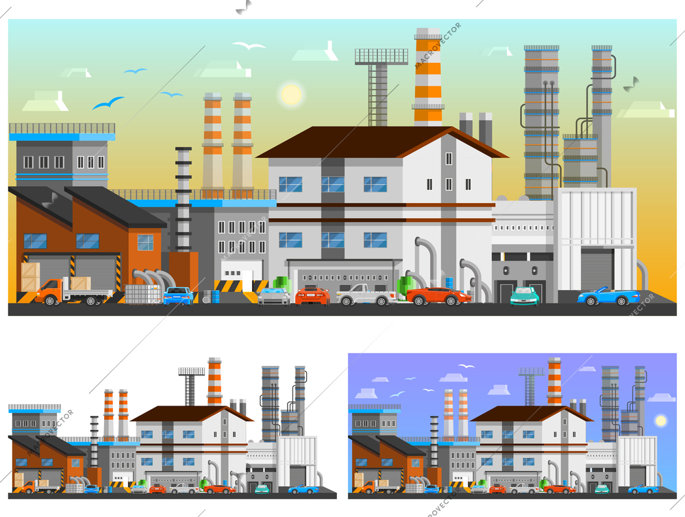 Industrial buildings in the city orthogonal compositions set flat isolated vector illustration