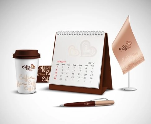 Calendar pen flag and glass corporate identity mockup set with design for coffee shop on light background realistic vector illustration