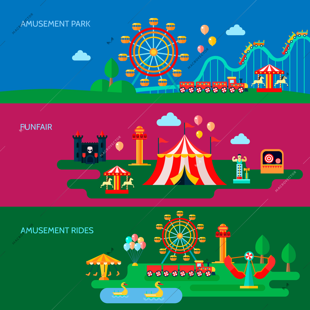 Amusement park horizontal banners set with funfair symbols flat isolated vector illustration