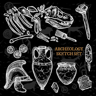 Archeology chalkboard sketch set of ancient ceramic pitchers knight helmet animal bones vector illustration