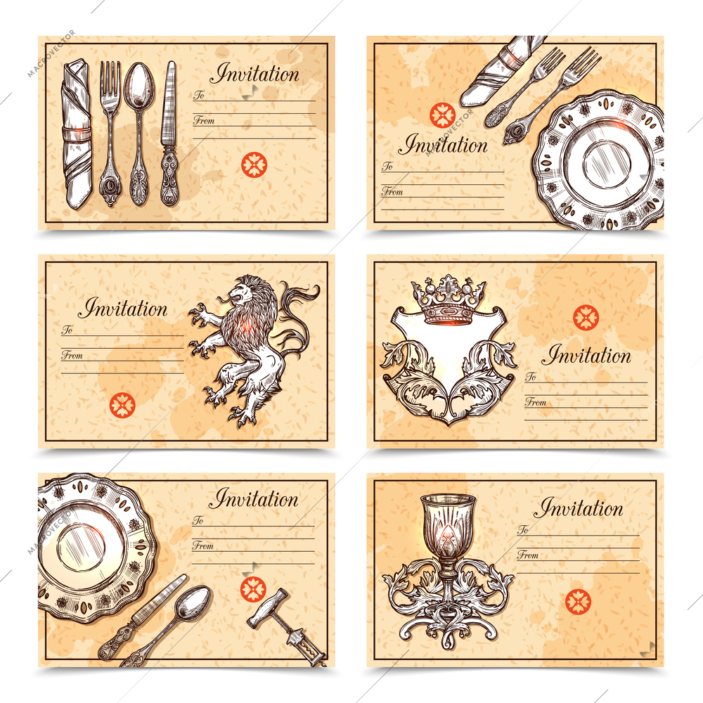 Hand drawn vintage menu set with cutlery and crest images and place for invitation text vector illustration