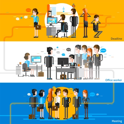 Office people cartoon horizontal banners with workers groups participating in business meeting and corporate workflow flat vector illustration