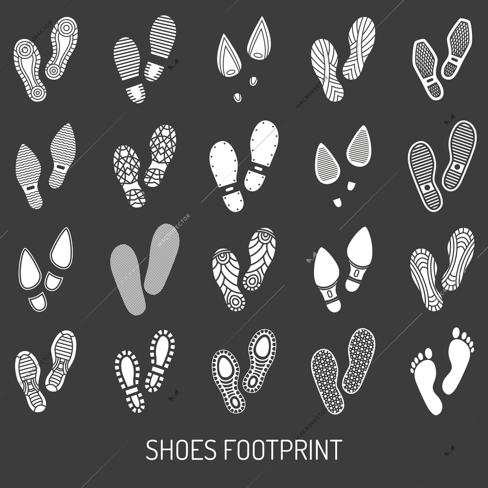 Monochrome icons set of pair shoes footprint with black background  vector illustration