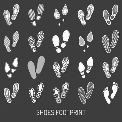 Monochrome icons set of pair shoes footprint with black background  vector illustration