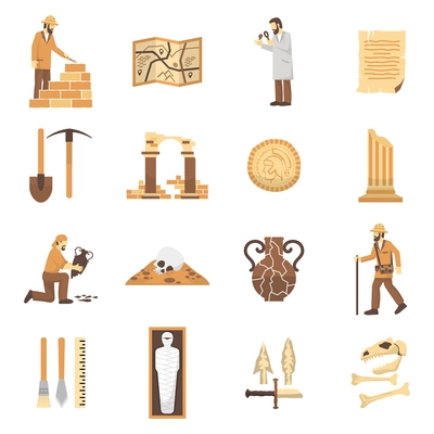 Set of color flat icons depicting archeology elements finds equipment scientist vector illustration