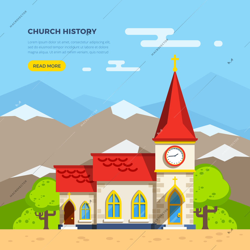 Beautiful historic church building with clock tower with trees around on background with mountains flat vector illustration