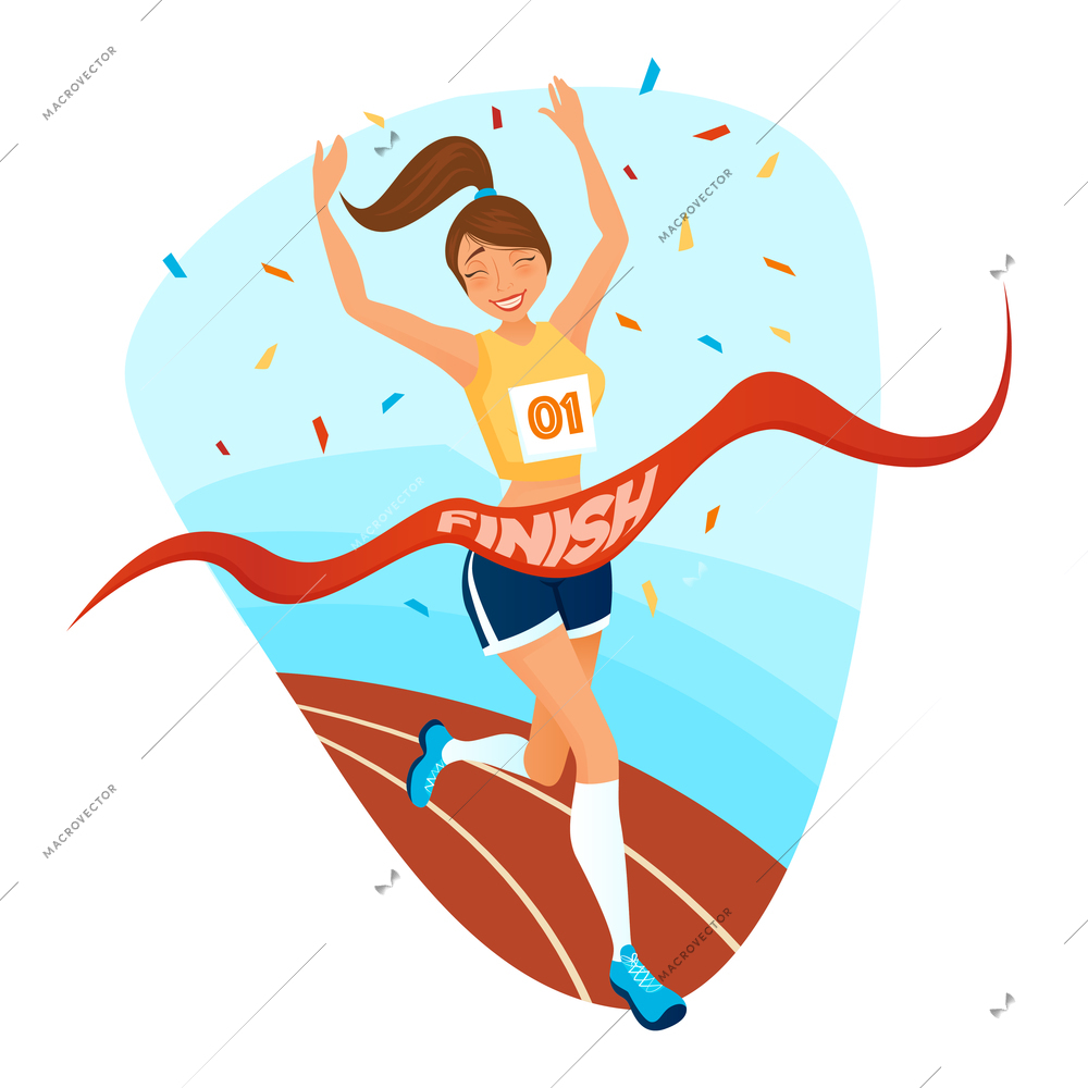 Winner girl design concept with young female athlete in sportswear running on treadmill to finishing tape flat vector illustration