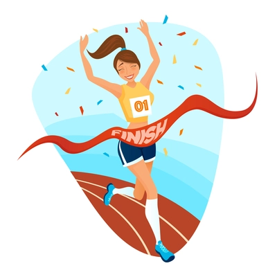 Winner girl design concept with young female athlete in sportswear running on treadmill to finishing tape flat vector illustration