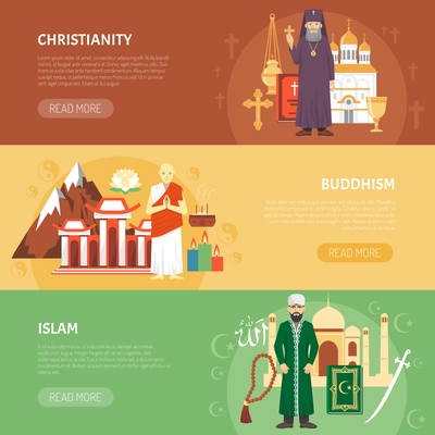 Color horizontal flat banners about religion confession christianity buddhism islam vector illustration