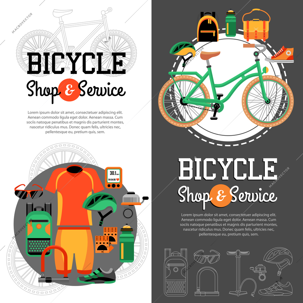 Two vertical banners with advertising of mountain biking accessories shop and service for bicycle vector illustration